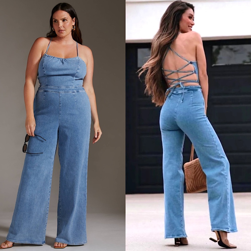 GOOD AMERICAN Denim Square Neck Sleeveless Crisscross Back Flare Leg Jumpsuit 3X
